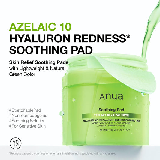 Azelaic Acid 10 Hyaluronic Acid Soothing Toner Pads, Hydrating Facial Mask for Redness, Pore & Blemish Care, Quick & Easy Stretchable Formula, Korean Skincare, 90 Pads