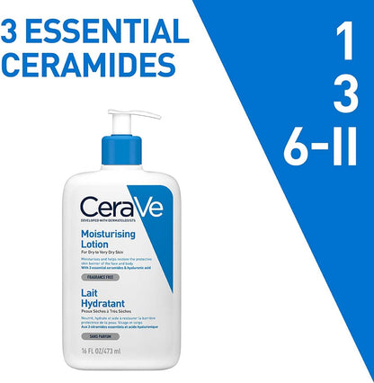Cerave Moisturising Lotion with Ceramides for Normal to Dry Skin, 473Ml | Lighweight Daily Hydrating Face & Body Moisturiser with Hyaluronic Acid, MVE Technology. Fragrance-Free.