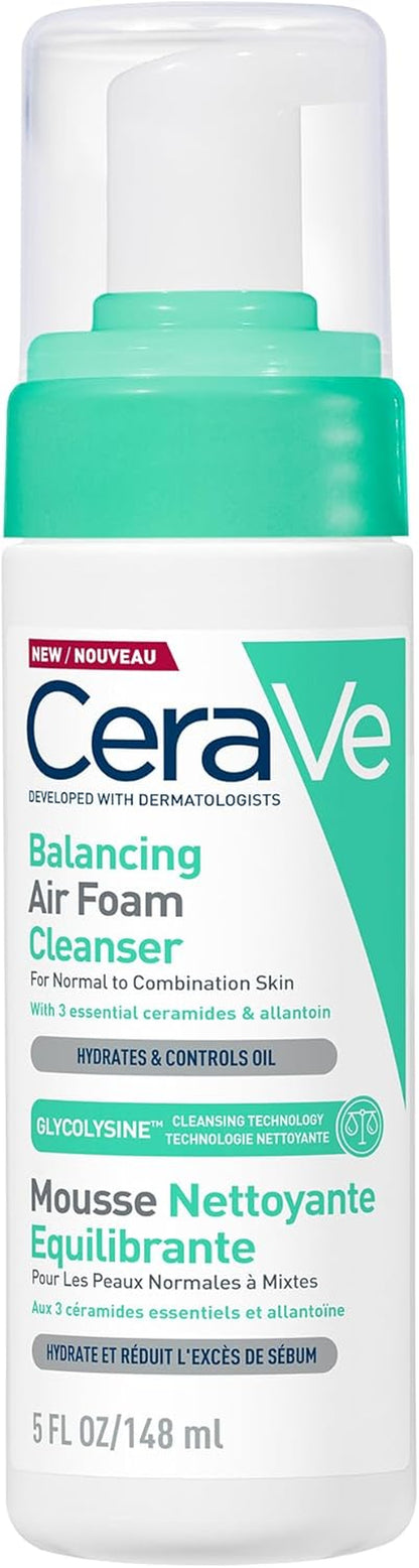 Cerave Balancing Air Foam Cleanser, 3 Ceramides for Combination Skin, 148Ml | Glycolysine Cleansing Technology with Allantoin, Gentle Cleansing for Oil Control & Hydration, Fragrance-Free Formula