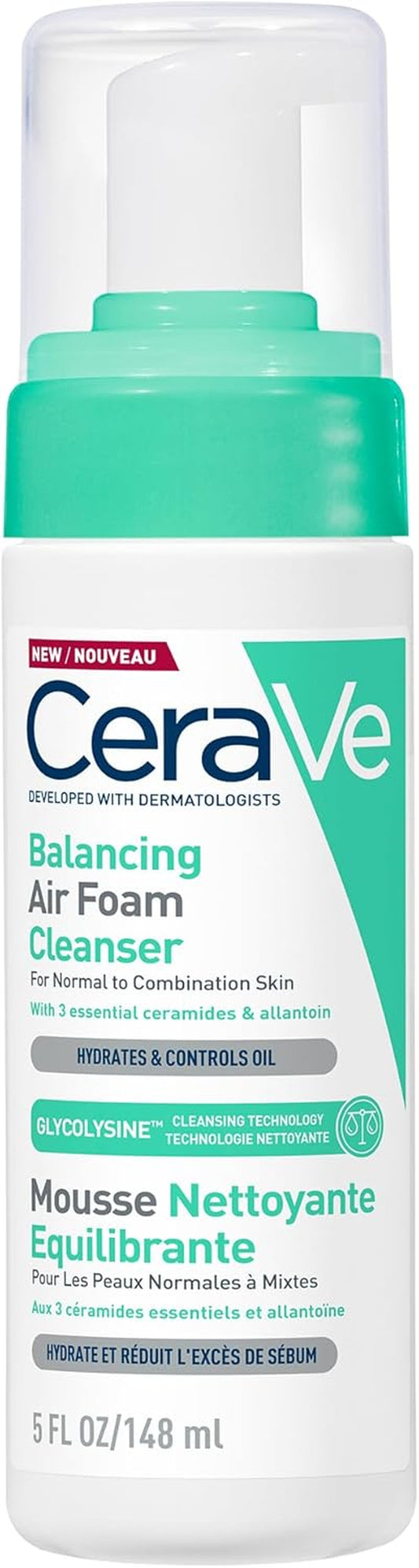 Cerave Balancing Air Foam Cleanser, 3 Ceramides for Combination Skin, 148Ml | Glycolysine Cleansing Technology with Allantoin, Gentle Cleansing for Oil Control & Hydration, Fragrance-Free Formula