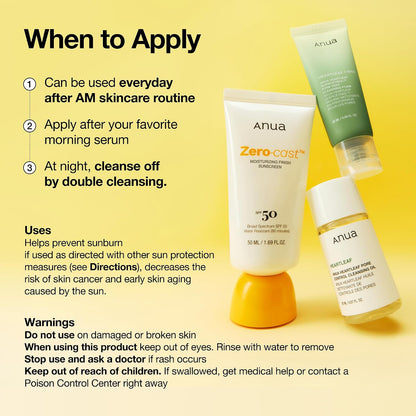 Zero-Cast Moisturizing Sunscreen SPF 50, Glow Natural Sun Cream for Face, No White Cast, Hyaluronic Acid, Niacinamide, Oil-Free, Korean Skincare, 1.69 Fl.Oz