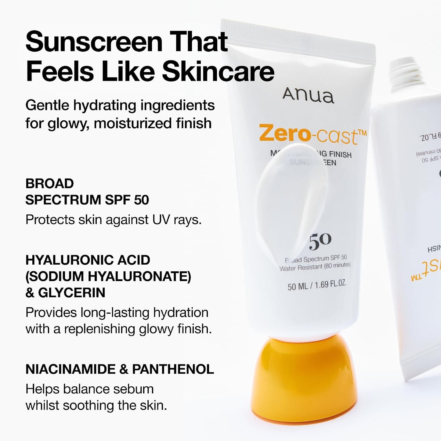 Zero-Cast Moisturizing Sunscreen SPF 50, Glow Natural Sun Cream for Face, No White Cast, Hyaluronic Acid, Niacinamide, Oil-Free, Korean Skincare, 1.69 Fl.Oz