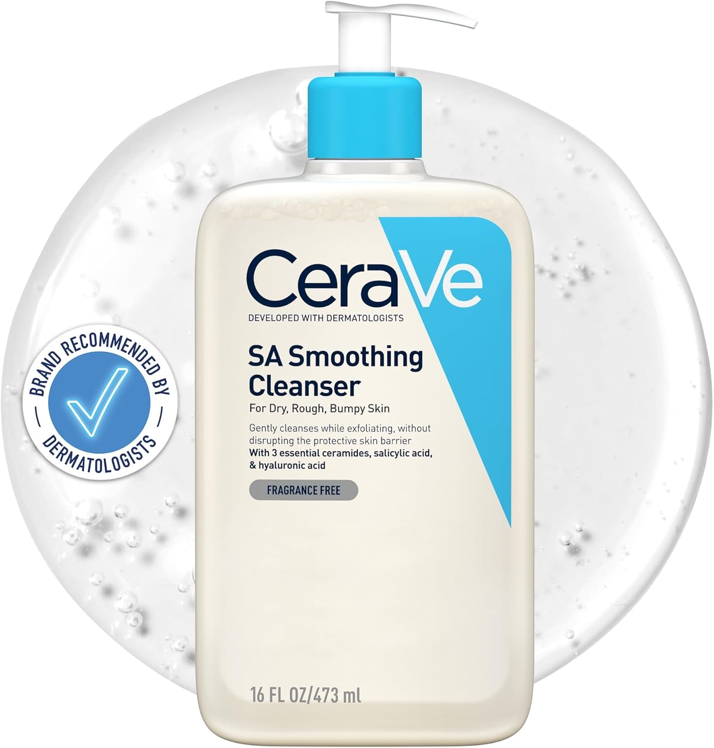Cerave SA Smoothing Cleanser, Salicylic Acid, Rough & Bumpy Skin, 473Ml | Exfoliating Cleanser with 3 Essential Ceramides, Hyaluronic Acid, for Dry Rough & Bumpy Skin, Dermatologist Developed