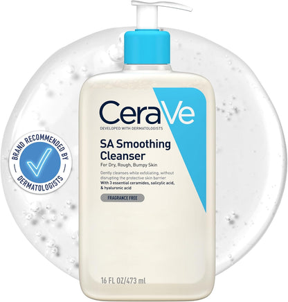 Cerave SA Smoothing Cleanser, Salicylic Acid, Rough & Bumpy Skin, 473Ml | Exfoliating Cleanser with 3 Essential Ceramides, Hyaluronic Acid, for Dry Rough & Bumpy Skin, Dermatologist Developed