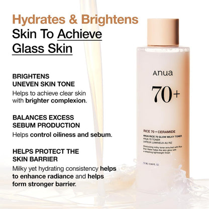 Rice 70 Glow Milky Toner, Glass & Dewy Skin, Hydrating & Barrier Care, Rice Water, Niacinamide, Ceramides, All Skin Types, Fragrance-Free, Non Comedogenic, Korean Skincare, 250Ml