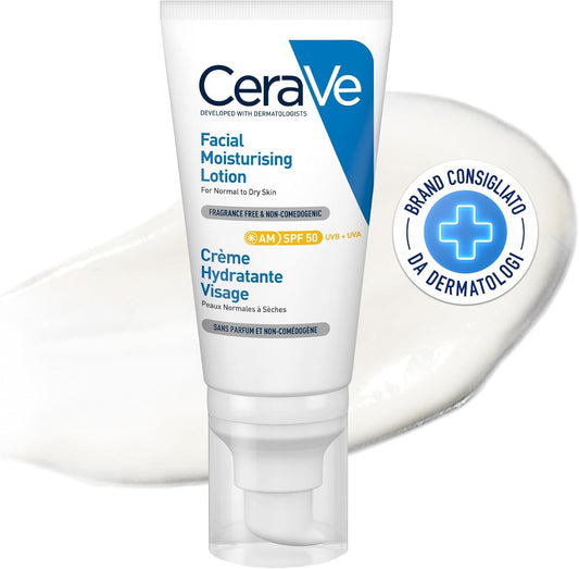 Cerave AM Facial Moisturising Lotion SPF50 with 3 Essential Ceramides, Vitamin E, Niacinamide, MVE Technology, UVA UVB Protection, for Normal to Dry Skin, Lightweight, Non-Greasy, Allergy Tested, 52Ml