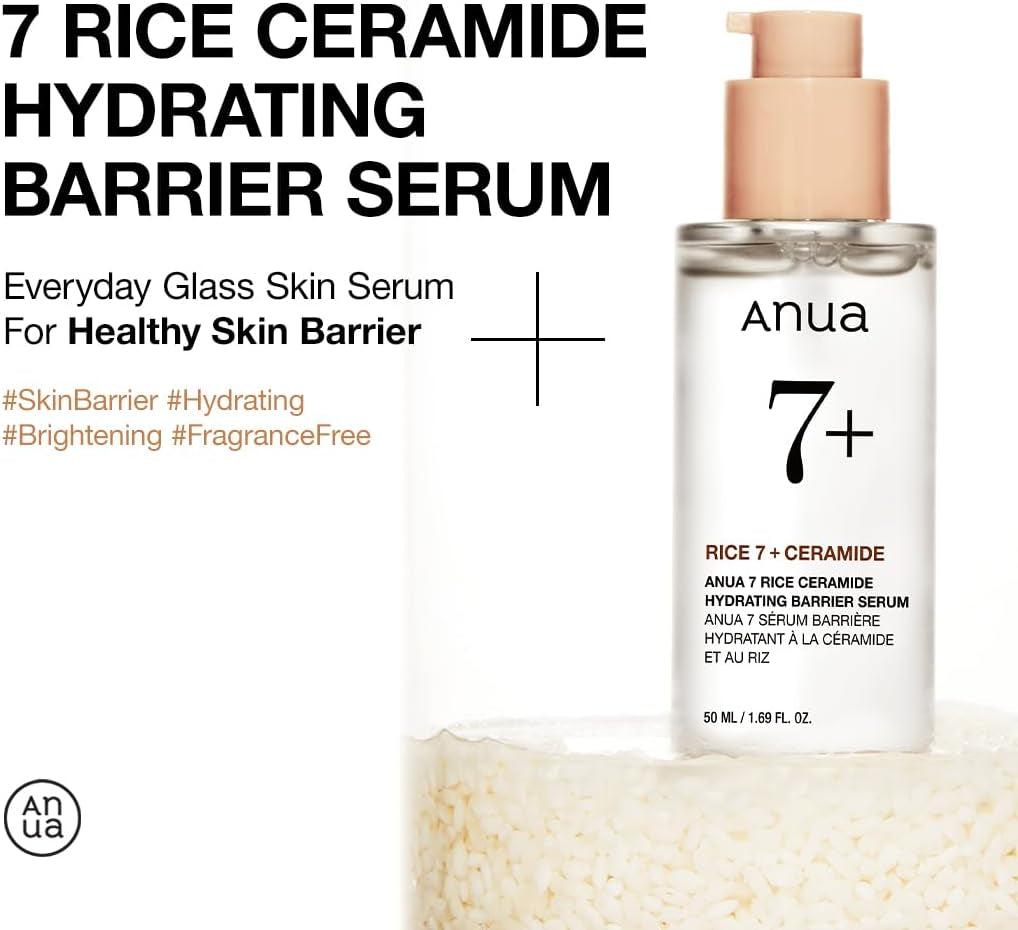Rice Ceramide 7 Hydrating Barrier Serum, Moisturizing Face Serum, Non-Comodogenic, Hyaluronic Acid, Niacinamide, Lightweight, Fragrance Free, Sensitive Dry Skin, Korean Skincare, 1.69 Fl.Oz