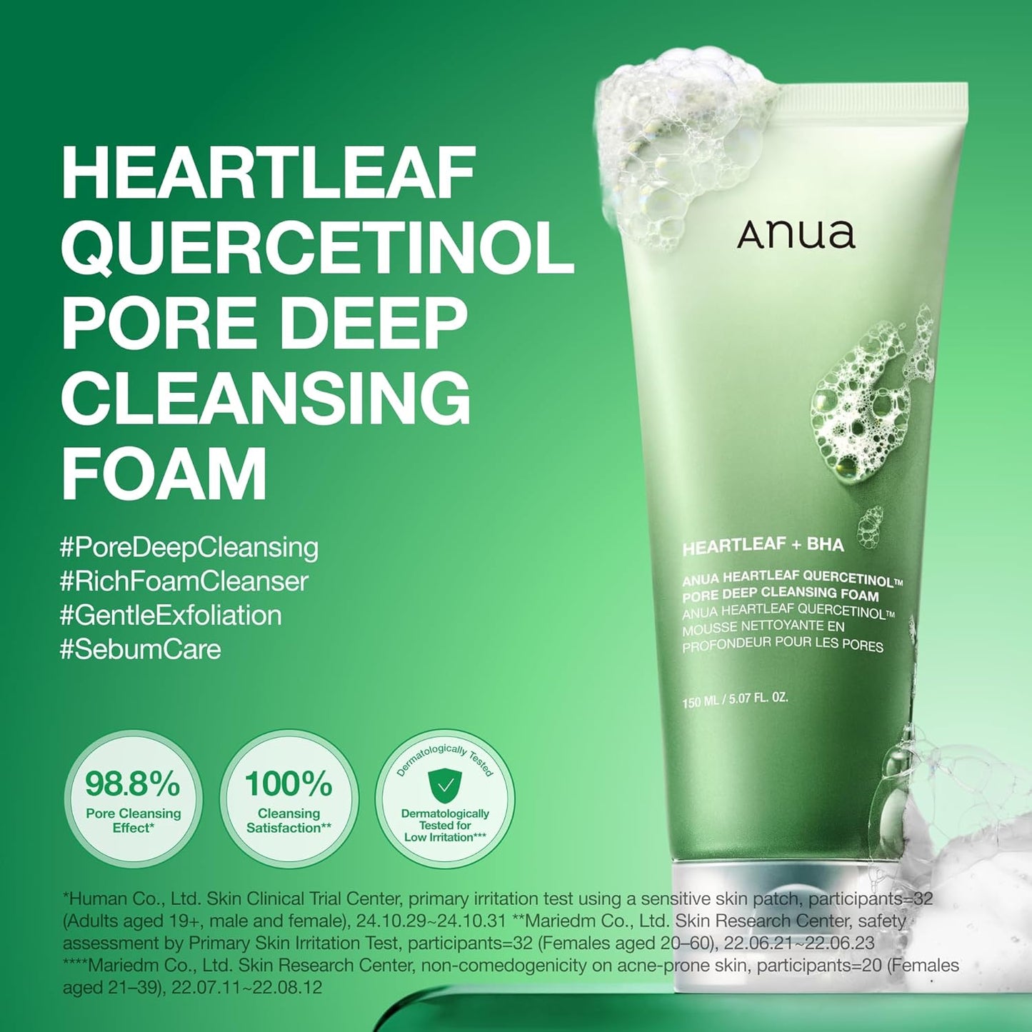 Heartleaf Quercetinol Pore Deep Cleansing Foam, Facial Cleanser, for Double Cleansing, BHA, Hyaluronic Acid, Glycerin, Face Wash, Blackhead Remover, Korean Skincare, 5.07 Fl.Oz