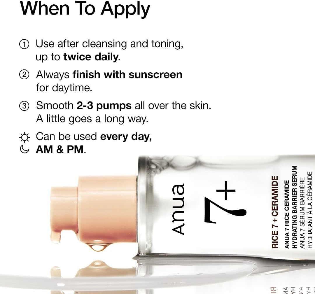 Rice Ceramide 7 Hydrating Barrier Serum, Moisturizing Face Serum, Non-Comodogenic, Hyaluronic Acid, Niacinamide, Lightweight, Fragrance Free, Sensitive Dry Skin, Korean Skincare, 1.69 Fl.Oz
