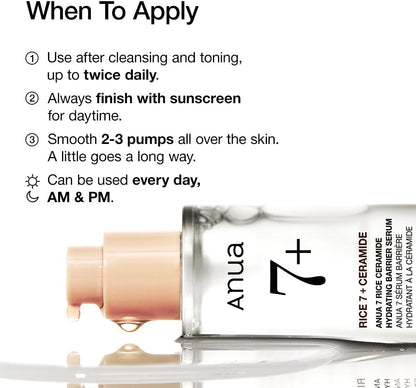 Rice Ceramide 7 Hydrating Barrier Serum, Moisturizing Face Serum, Non-Comodogenic, Hyaluronic Acid, Niacinamide, Lightweight, Fragrance Free, Sensitive Dry Skin, Korean Skincare, 1.69 Fl.Oz