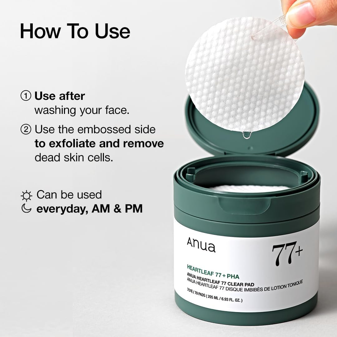 Heartleaf 77 Toner Pads, Daily Exfoliating Formula for Smooth Texture with Centella & PHA, Dual-Textured Pore Refining Sheet, Non-Comedogenic, Korean Skincare, 70 Count