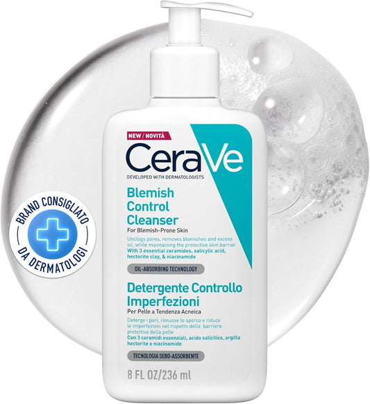 Cerave Blemish Control Cleanser for Blemish-Prone Oily Skin, 236Ml | Exfoliating Gel-To-Foam Face Wash with 3 Essential Ceramides, Reduces Blackheads & Breakouts, Oil-Absorbing
