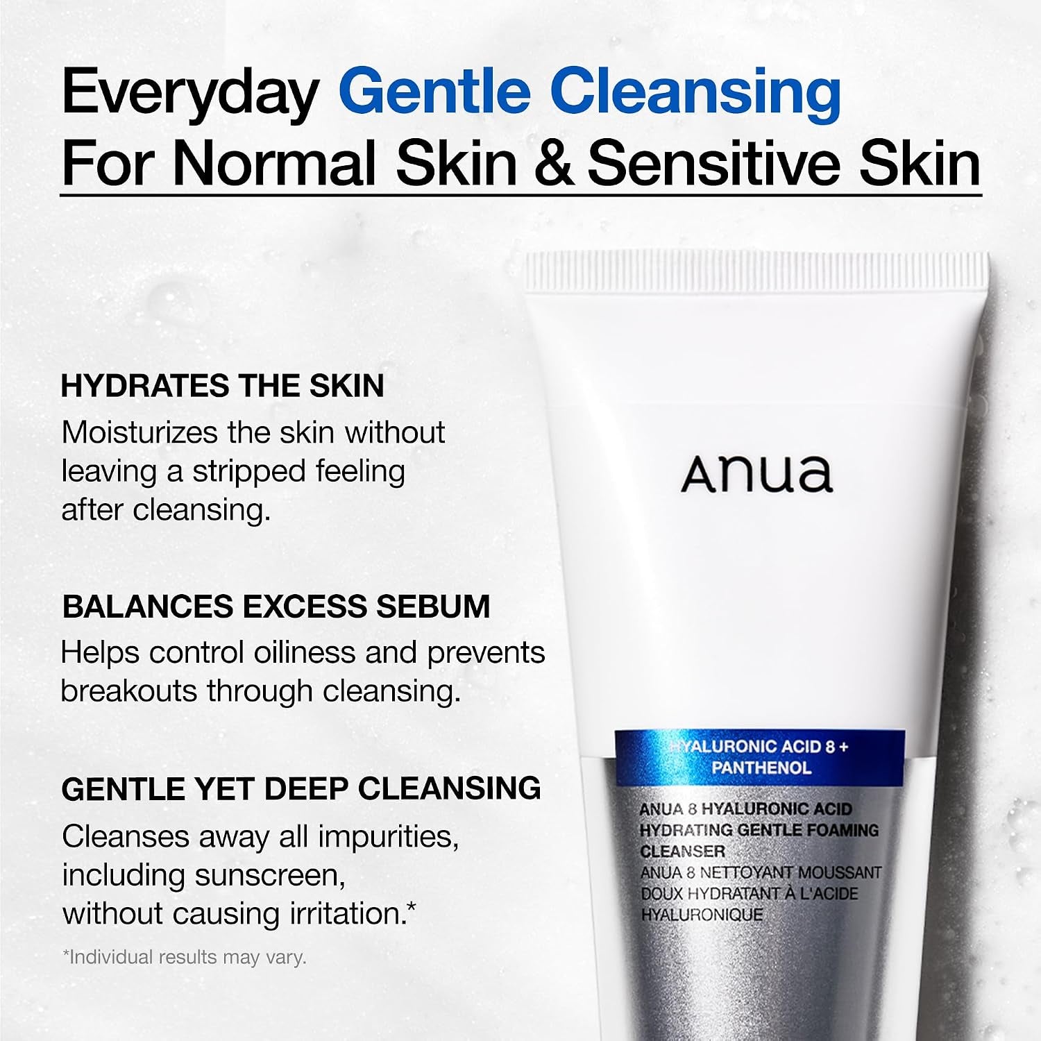 Hydrating Gentle Foaming Cleanser, Daily Face Wash for Double Cleansing, Hyaluronic Acid, Zinc, Panthenol, for Dry & Sensitive Skin, Sebum Balance Facial Cleanser, Korean Skincare, 150Ml