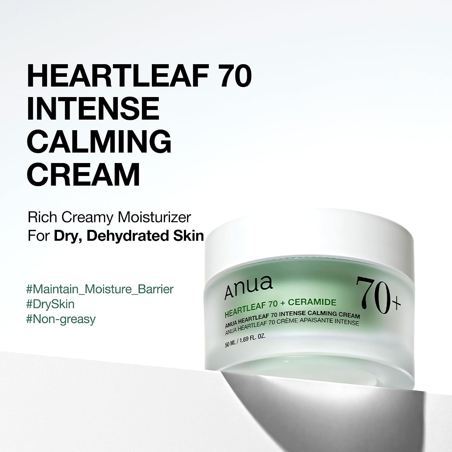 Heartleaf 70 Intense Calming Cream with Ceramide & Panthenol, Face Moisturizer for Dry & Dehydrated Skin, Barrier Repair, Glass Skin Hydration, Fragrance-Free, Korean Skin Care, 50Ml