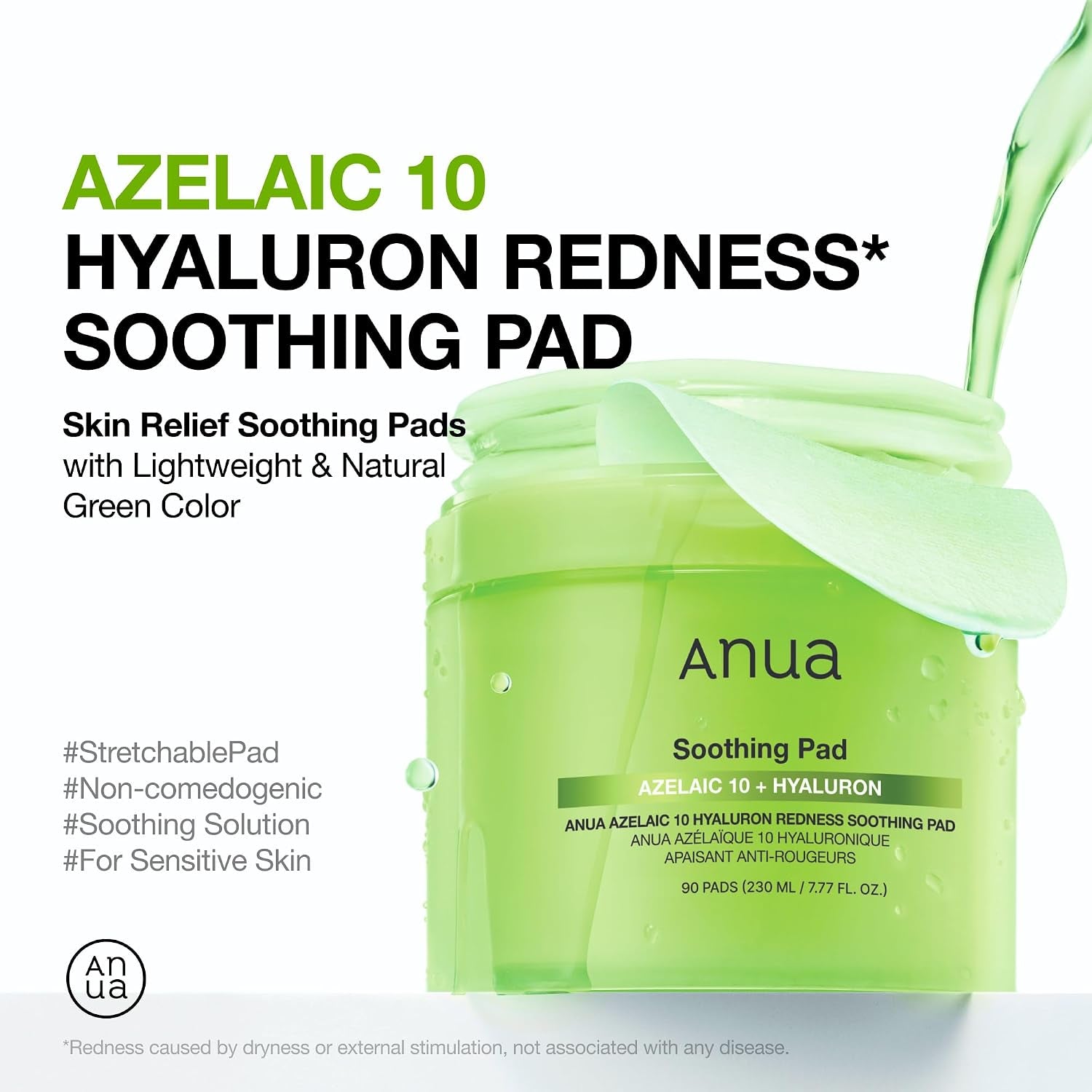 Azelaic Acid 10 Hyaluronic Acid Soothing Toner Pads, Hydrating Facial Mask for Redness, Pore & Blemish Care, Quick & Easy Stretchable Formula, Korean Skincare, 90 Pads