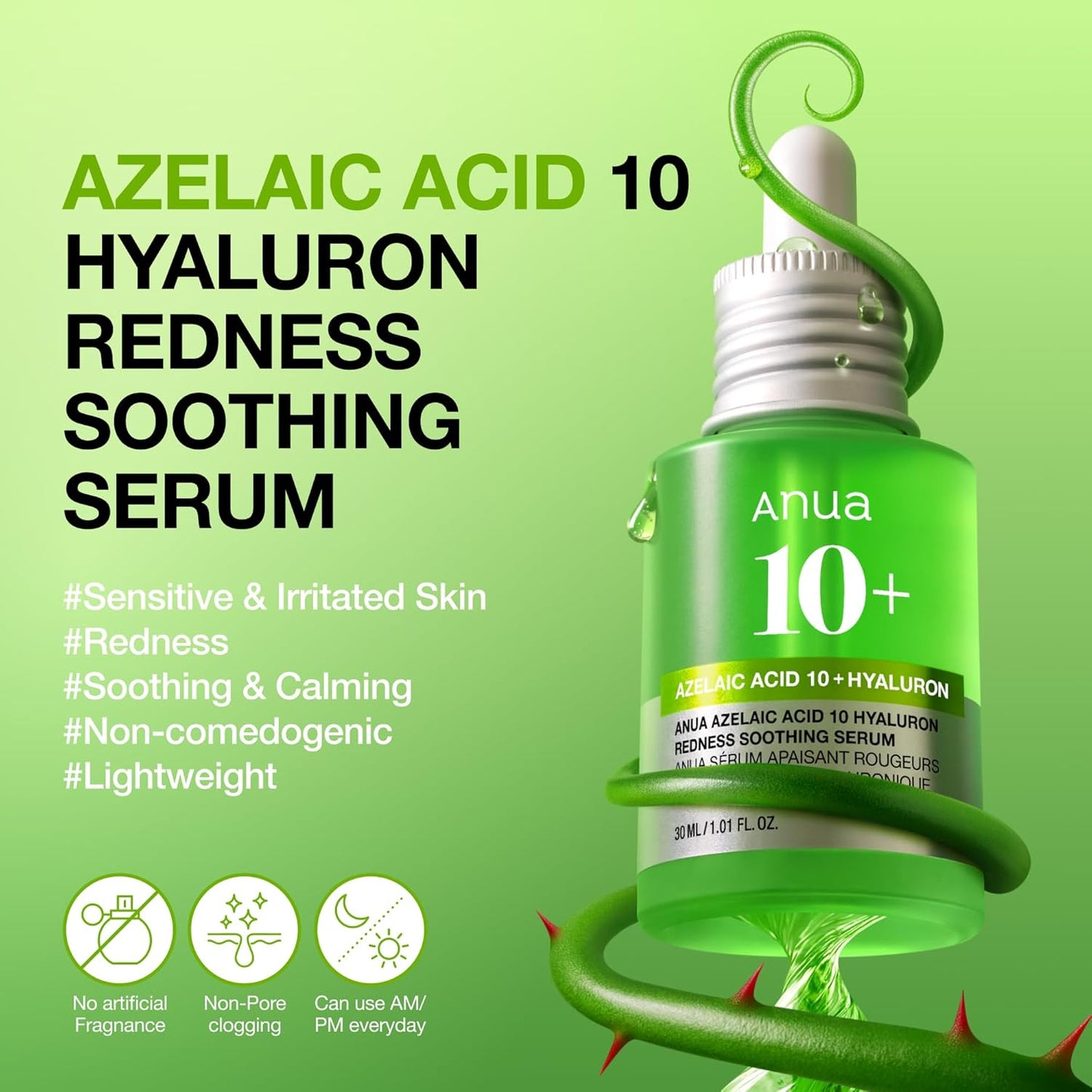 Azelaic Acid 10 Hyaluron Redness Soothing Serum, Facial Serum for Blemish-Prone & Oily-Prone Skin, Lightweight & Hydrating Blemish Care, Hyaluronic Acid, Korean Skincare, 30Ml