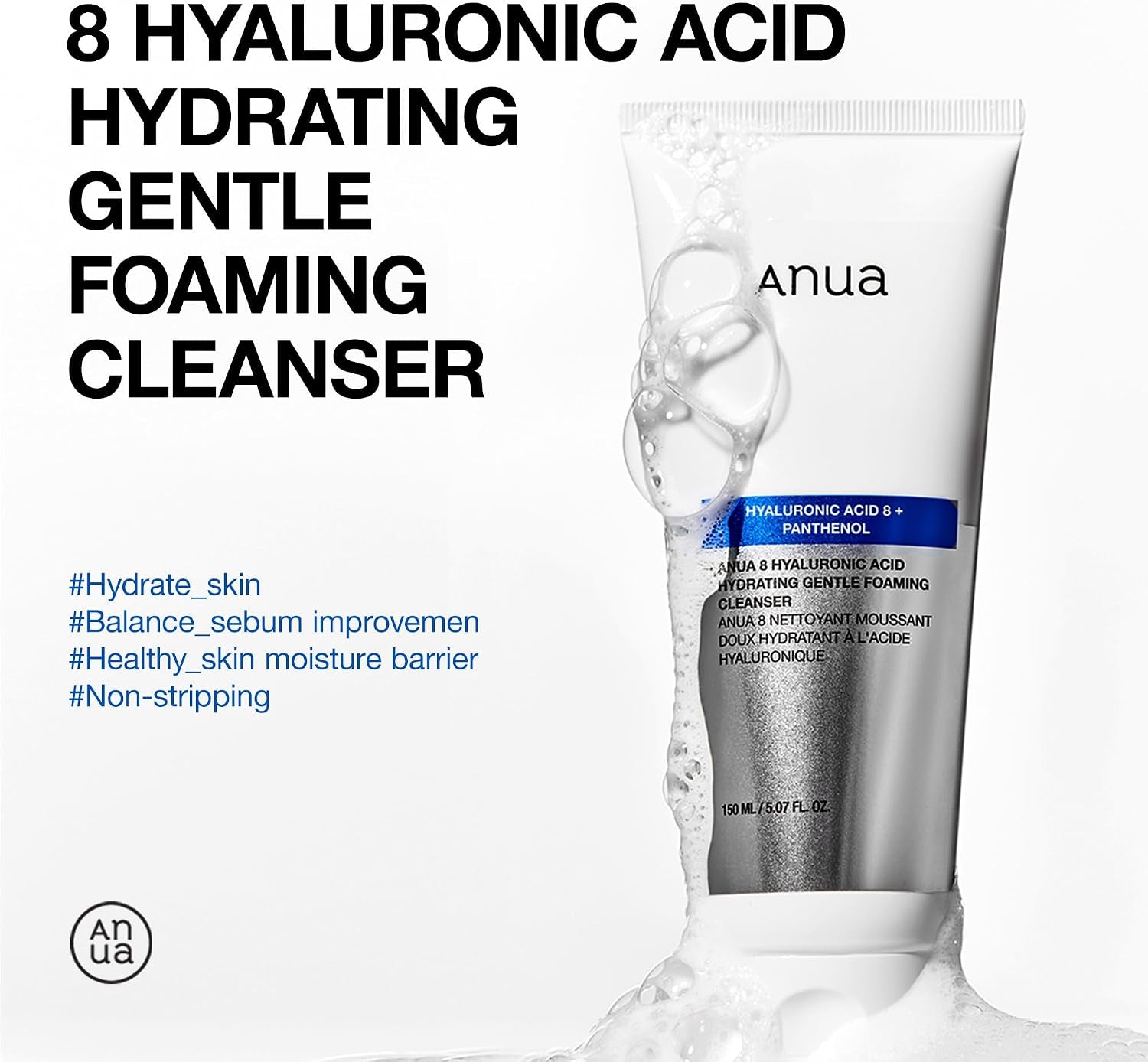 Hydrating Gentle Foaming Cleanser, Daily Face Wash for Double Cleansing, Hyaluronic Acid, Zinc, Panthenol, for Dry & Sensitive Skin, Sebum Balance Facial Cleanser, Korean Skincare, 150Ml
