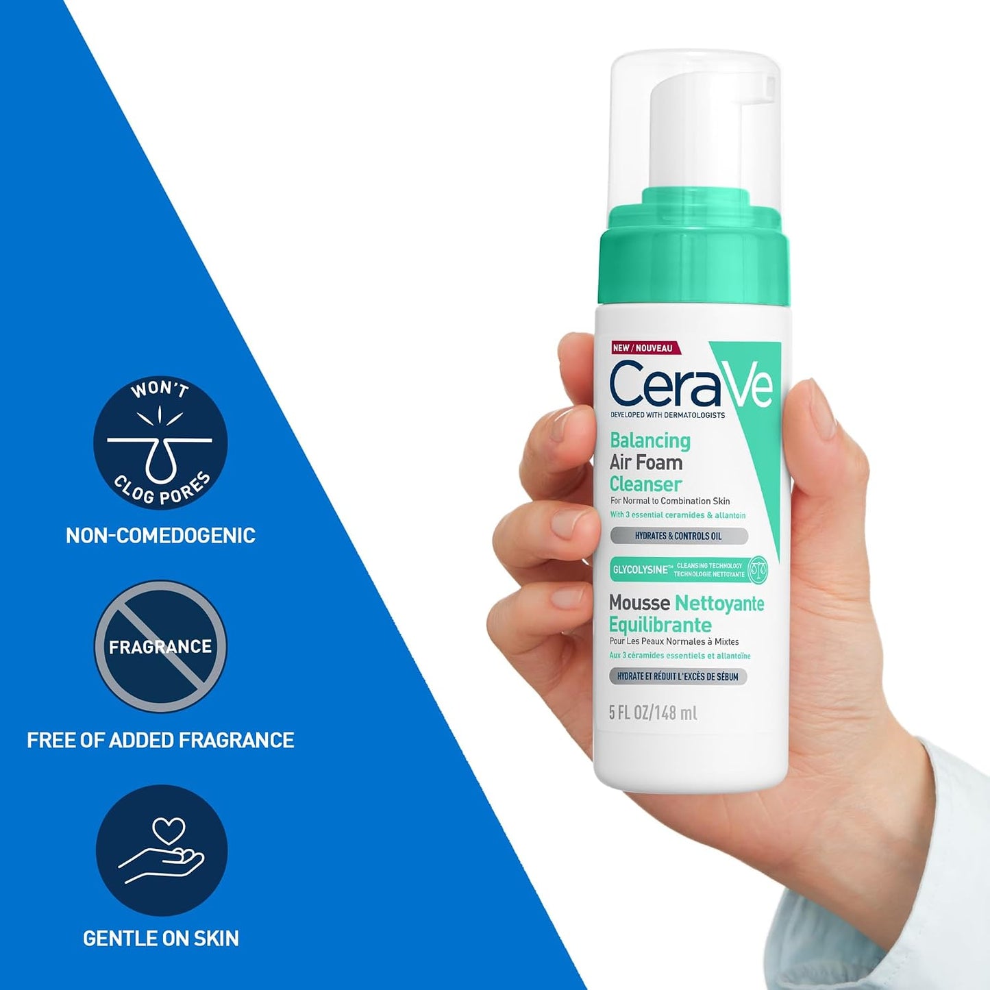 Cerave Balancing Air Foam Cleanser, 3 Ceramides for Combination Skin, 148Ml | Glycolysine Cleansing Technology with Allantoin, Gentle Cleansing for Oil Control & Hydration, Fragrance-Free Formula