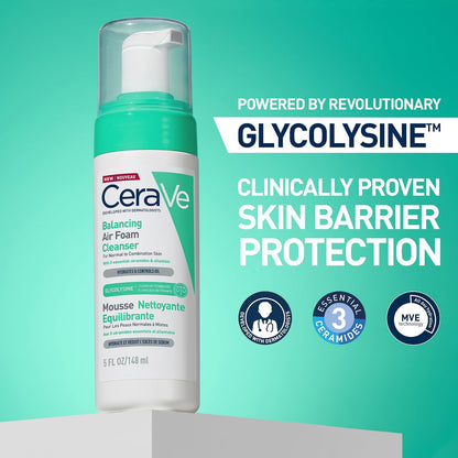 Cerave Balancing Air Foam Cleanser, 3 Ceramides for Combination Skin, 148Ml | Glycolysine Cleansing Technology with Allantoin, Gentle Cleansing for Oil Control & Hydration, Fragrance-Free Formula