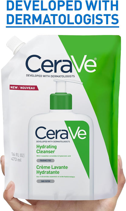 Cerave Hydrating Cleanser Refill Face Wash for Normal to Dry Skin, 473Ml | Gentle Non-Foaming Face Wash Enriched with 3 Essential Ceramides, Fragrance-Free Formula, Suitable for Sensitive Skin