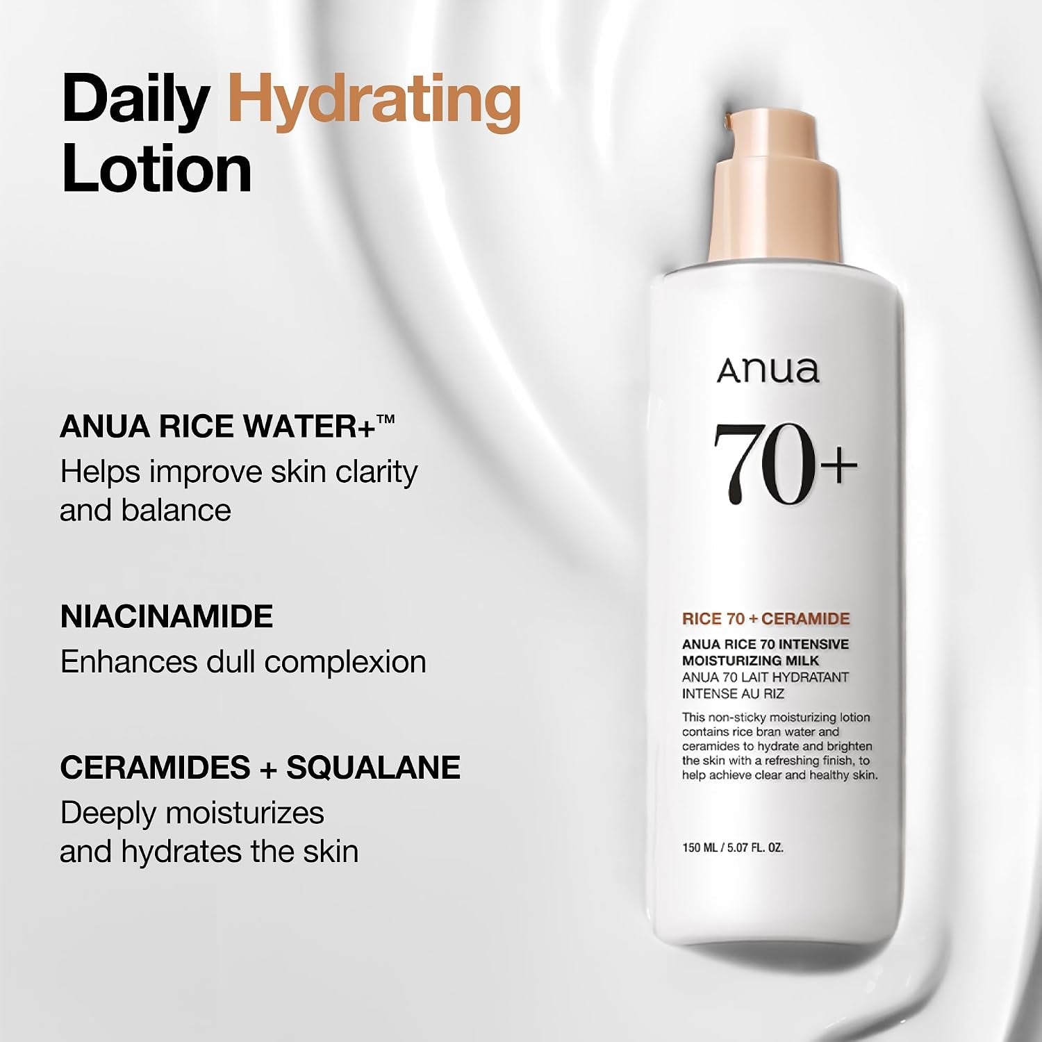 Rice 70 Intensive Moisturizing Milk, Hydrating Face Lotion, Niacinamide, Ceramides, All Skin Types, Sensitive, Skin Moisture Barrier, Lightweight Nourishing, Korean Skincare, 5.07 Fl.Oz
