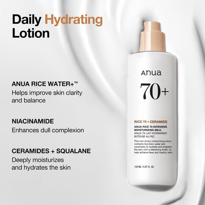 Rice 70 Intensive Moisturizing Milk, Hydrating Face Lotion, Niacinamide, Ceramides, All Skin Types, Sensitive, Skin Moisture Barrier, Lightweight Nourishing, Korean Skincare, 5.07 Fl.Oz
