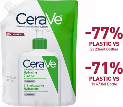 Cerave Hydrating Cleanser Refill Face Wash for Normal to Dry Skin, 473Ml | Gentle Non-Foaming Face Wash Enriched with 3 Essential Ceramides, Fragrance-Free Formula, Suitable for Sensitive Skin