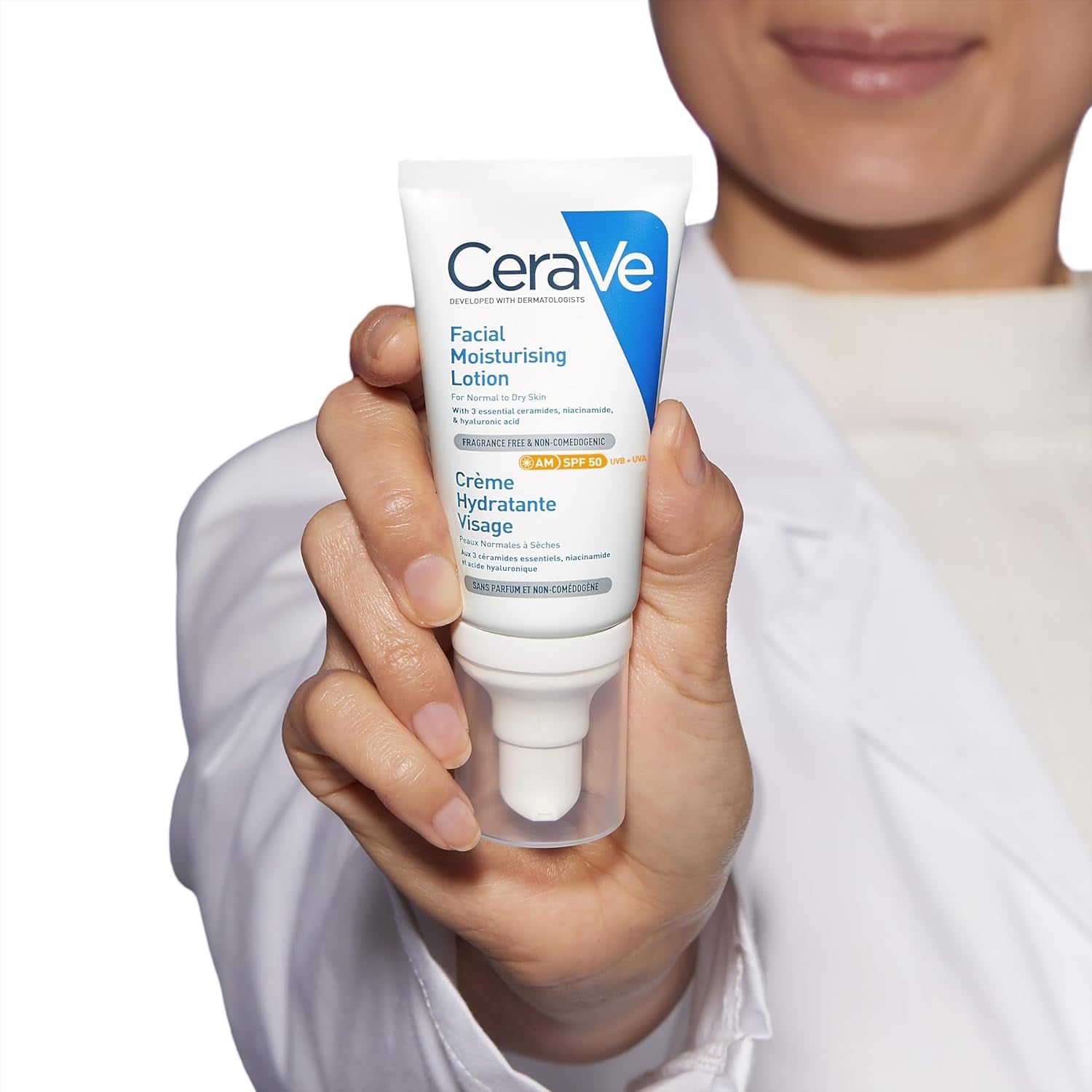 Cerave AM Facial Moisturising Lotion SPF50 with 3 Essential Ceramides, Vitamin E, Niacinamide, MVE Technology, UVA UVB Protection, for Normal to Dry Skin, Lightweight, Non-Greasy, Allergy Tested, 52Ml