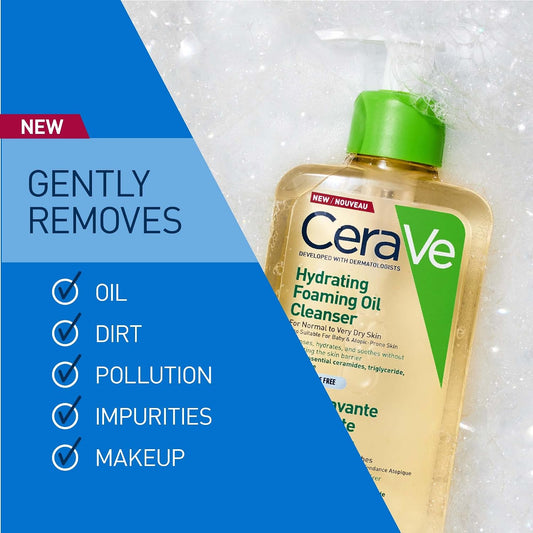 Cerave Hydrating Foaming Oil Cleanser with 3 Essential Ceramides, Triglyceride, & Squalane, Oil-To-Foam Formula for Normal to Very Dry Skin, Face & Body Cleanser, Dermatologist Developed