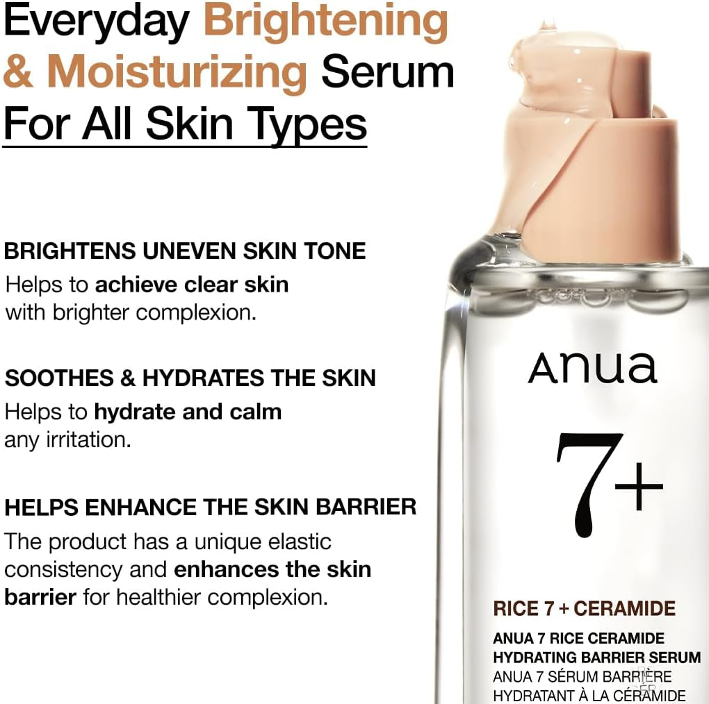 Rice Ceramide 7 Hydrating Barrier Serum, Moisturizing Face Serum, Non-Comodogenic, Hyaluronic Acid, Niacinamide, Lightweight, Fragrance Free, Sensitive Dry Skin, Korean Skincare, 1.69 Fl.Oz