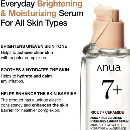 Rice Ceramide 7 Hydrating Barrier Serum, Moisturizing Face Serum, Non-Comodogenic, Hyaluronic Acid, Niacinamide, Lightweight, Fragrance Free, Sensitive Dry Skin, Korean Skincare, 1.69 Fl.Oz