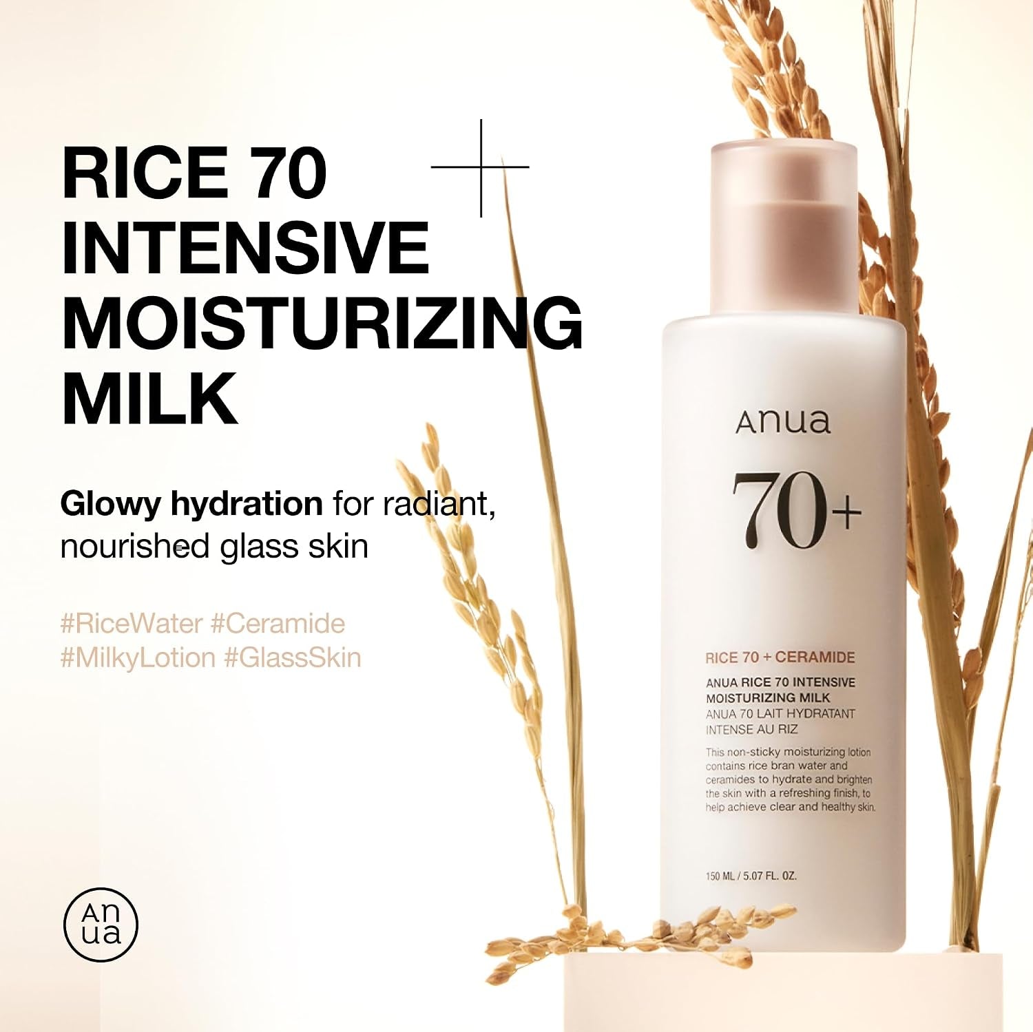 Rice 70 Intensive Moisturizing Milk, Hydrating Face Lotion, Niacinamide, Ceramides, All Skin Types, Sensitive, Skin Moisture Barrier, Lightweight Nourishing, Korean Skincare, 5.07 Fl.Oz