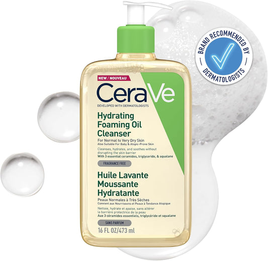 Cerave Hydrating Foaming Oil Cleanser with 3 Essential Ceramides, Triglyceride, & Squalane, Oil-To-Foam Formula for Normal to Very Dry Skin, Face & Body Cleanser, Dermatologist Developed