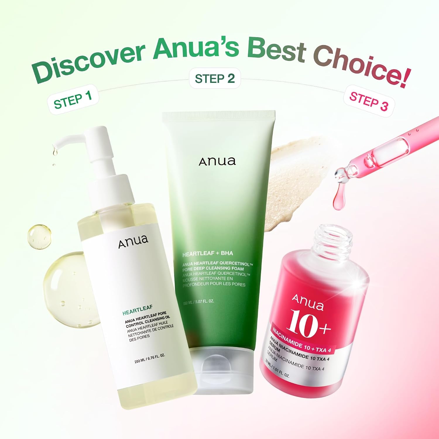 3-Step Glass Skin Beginner Set, Oil Cleanser and Face Wash with Facial Serum, Double Cleansing Daily Routine with Niacinamide, Korean Skin Care Set