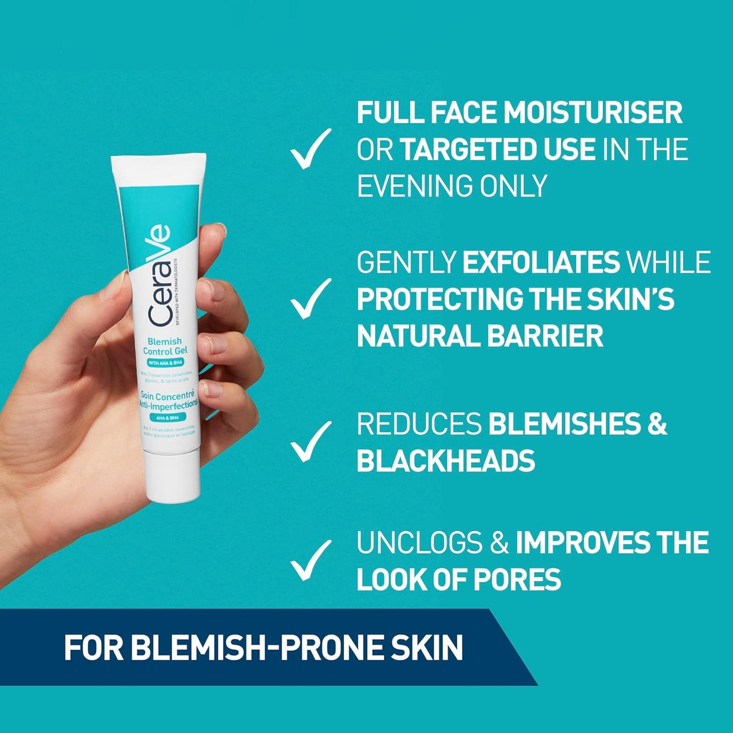 Cerave Blemish Control Gel Moisturiser with 2% Salicylic Acid, Niacinamide, & 3 Essential Ceramides, Blemish-Prone Skin, Dermatologist Developed, 40Ml