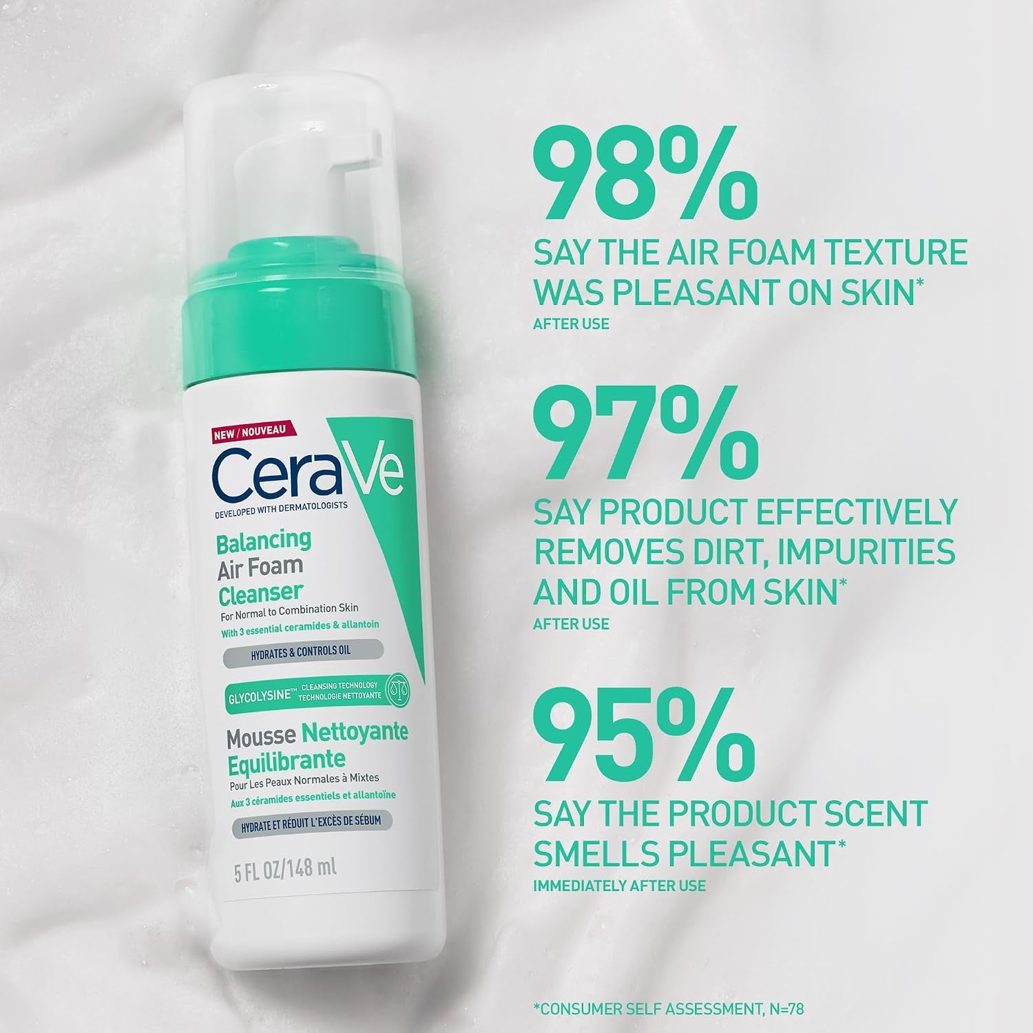 Cerave Balancing Air Foam Cleanser, 3 Ceramides for Combination Skin, 148Ml | Glycolysine Cleansing Technology with Allantoin, Gentle Cleansing for Oil Control & Hydration, Fragrance-Free Formula