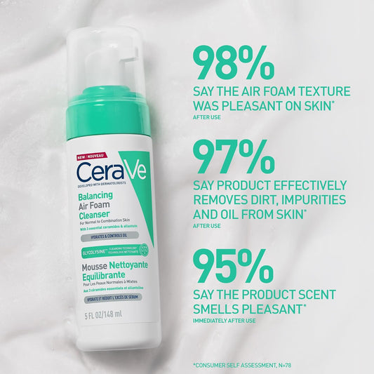 Cerave Balancing Air Foam Cleanser, 3 Ceramides for Combination Skin, 148Ml | Glycolysine Cleansing Technology with Allantoin, Gentle Cleansing for Oil Control & Hydration, Fragrance-Free Formula