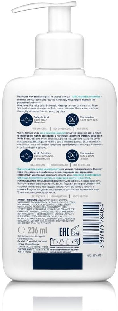 Cerave Blemish Control Cleanser for Blemish-Prone Oily Skin, 236Ml | Exfoliating Gel-To-Foam Face Wash with 3 Essential Ceramides, Reduces Blackheads & Breakouts, Oil-Absorbing