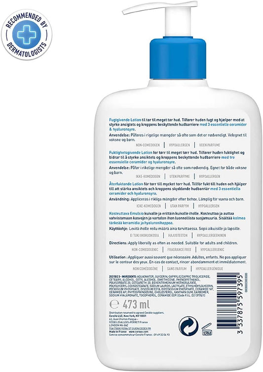 Cerave Moisturising Lotion with Ceramides for Normal to Dry Skin, 473Ml | Lighweight Daily Hydrating Face & Body Moisturiser with Hyaluronic Acid, MVE Technology. Fragrance-Free.